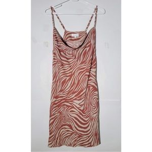 NWT Acoa Zebra Stripe Cowl Neck Satin Sleeveless Mini Slip Dress in Burnt Orange
